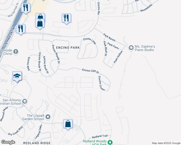 map of restaurants, bars, coffee shops, grocery stores, and more near 2204 Encino Cliff Street in San Antonio