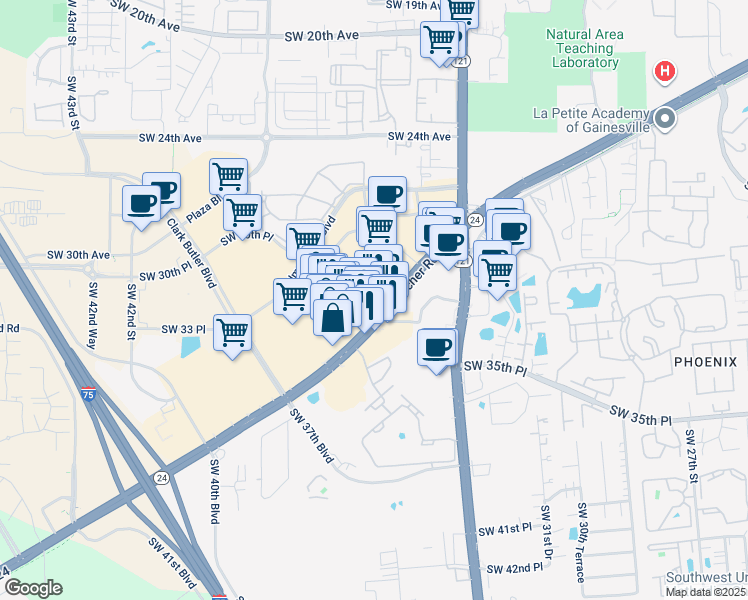 map of restaurants, bars, coffee shops, grocery stores, and more near in Gainesville