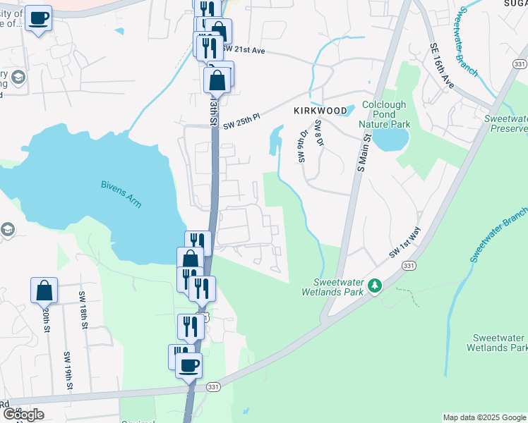 map of restaurants, bars, coffee shops, grocery stores, and more near 2911 Southwest 13th Street in Gainesville