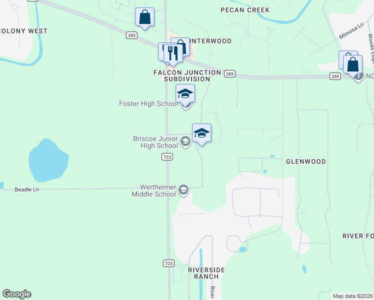 map of restaurants, bars, coffee shops, grocery stores, and more near 4300 Farm to Market Road 723 in Richmond