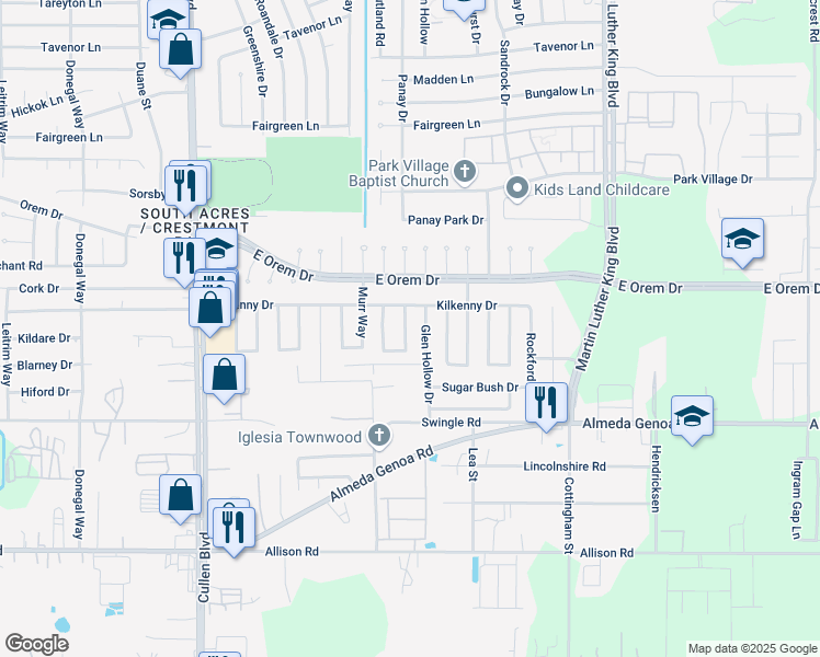 map of restaurants, bars, coffee shops, grocery stores, and more near 12814 Panay Drive in Houston
