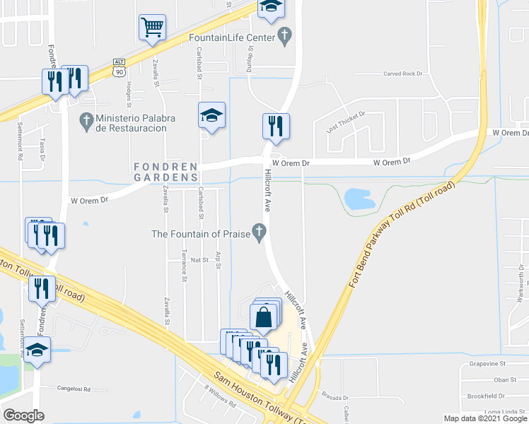 map of restaurants, bars, coffee shops, grocery stores, and more near 13850 Hillcroft Street in Houston
