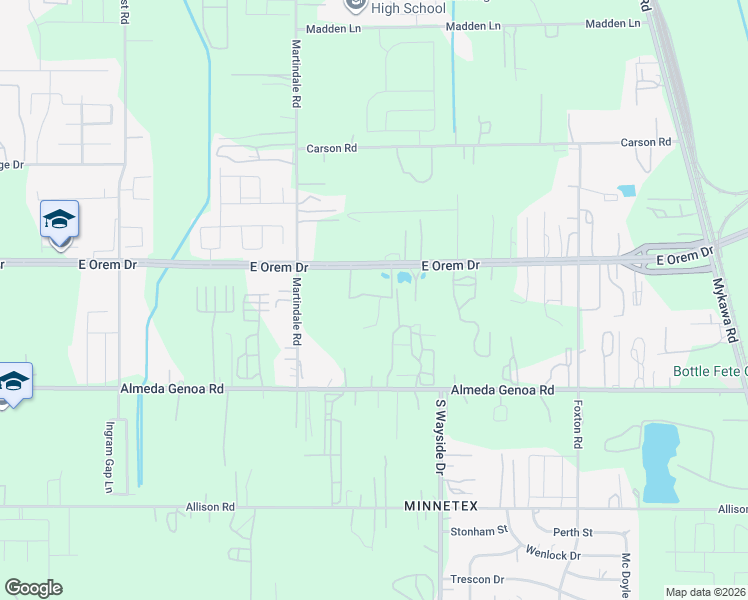 map of restaurants, bars, coffee shops, grocery stores, and more near 5733 Almeda-Genoa Road in Houston