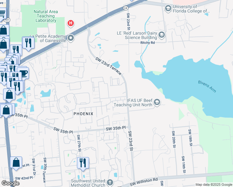 map of restaurants, bars, coffee shops, grocery stores, and more near 3010 Southwest 23rd Terrace in Gainesville