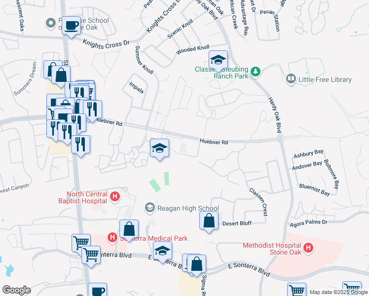 map of restaurants, bars, coffee shops, grocery stores, and more near 20710 Huebner Road in San Antonio