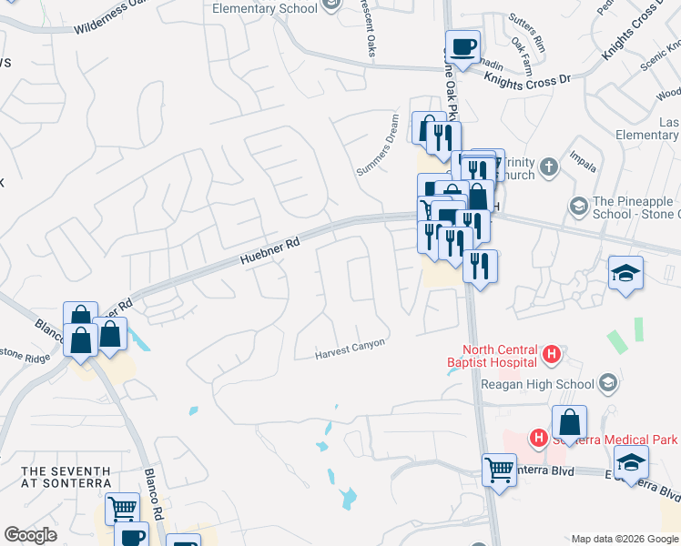 map of restaurants, bars, coffee shops, grocery stores, and more near 1109 Harvest Oak in San Antonio