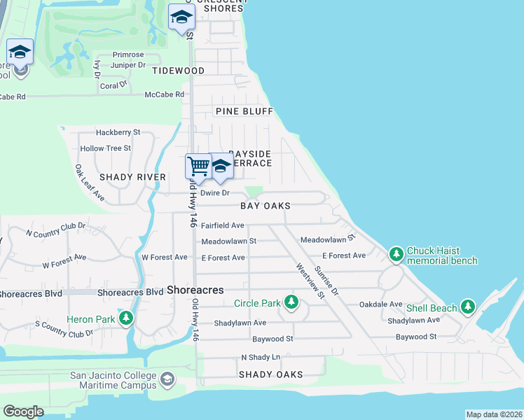 map of restaurants, bars, coffee shops, grocery stores, and more near 242 Bay Oaks Drive in La Porte