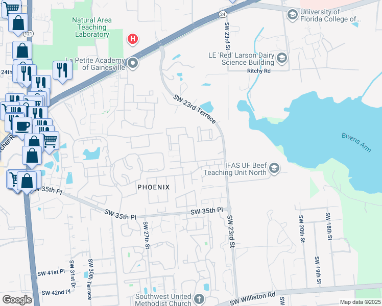 map of restaurants, bars, coffee shops, grocery stores, and more near 2930 Southwest 23rd Terrace in Gainesville