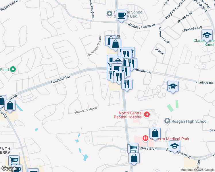 map of restaurants, bars, coffee shops, grocery stores, and more near 906 Grassy Meadows in San Antonio
