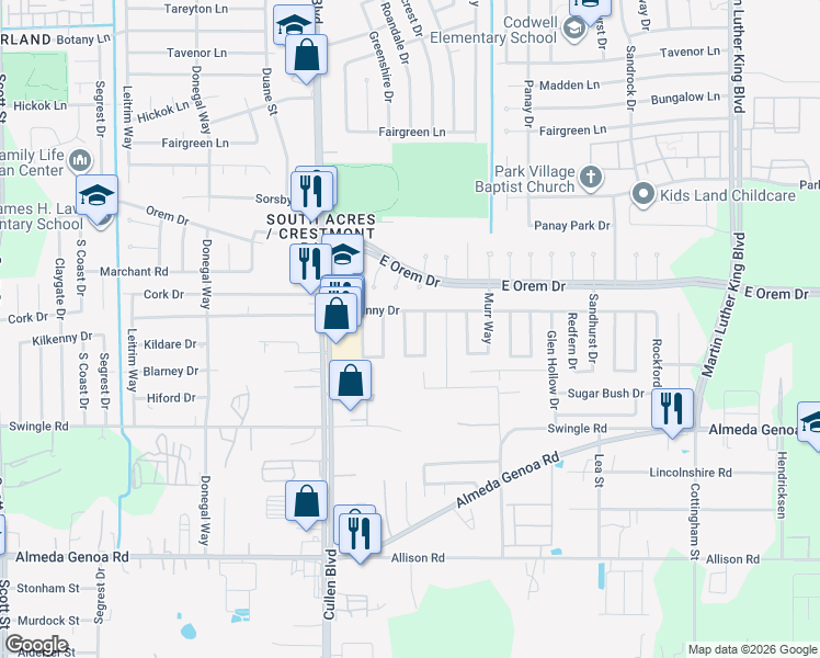 map of restaurants, bars, coffee shops, grocery stores, and more near 12703 Greenshire Drive in Houston