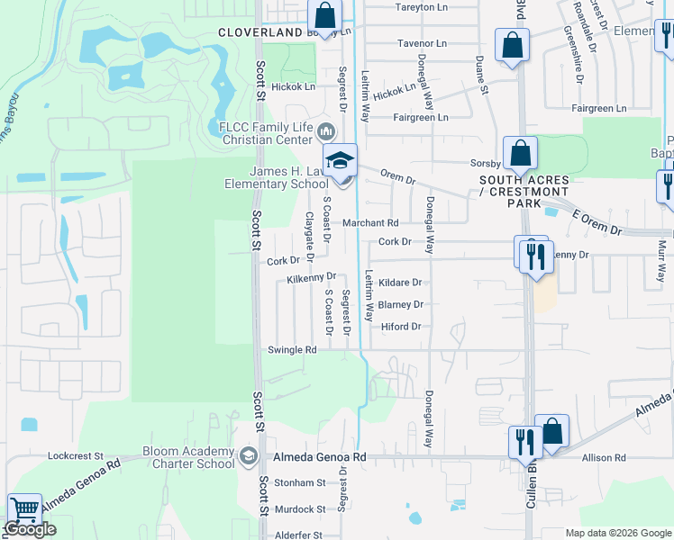 map of restaurants, bars, coffee shops, grocery stores, and more near 12715 Segrest Drive in Houston