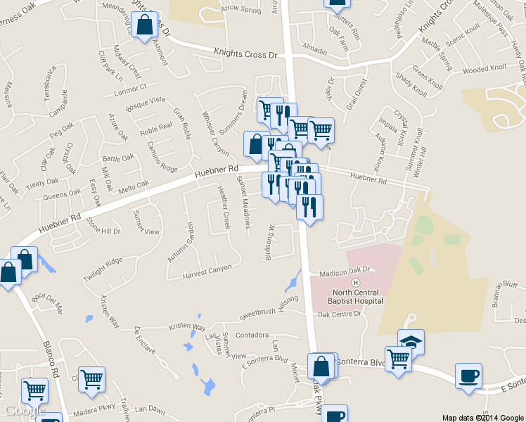 map of restaurants, bars, coffee shops, grocery stores, and more near 906 Grassy Meadows in San Antonio