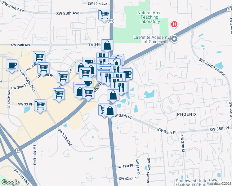 map of restaurants, bars, coffee shops, grocery stores, and more near 3182-3244 SW 34th St in Gainesville