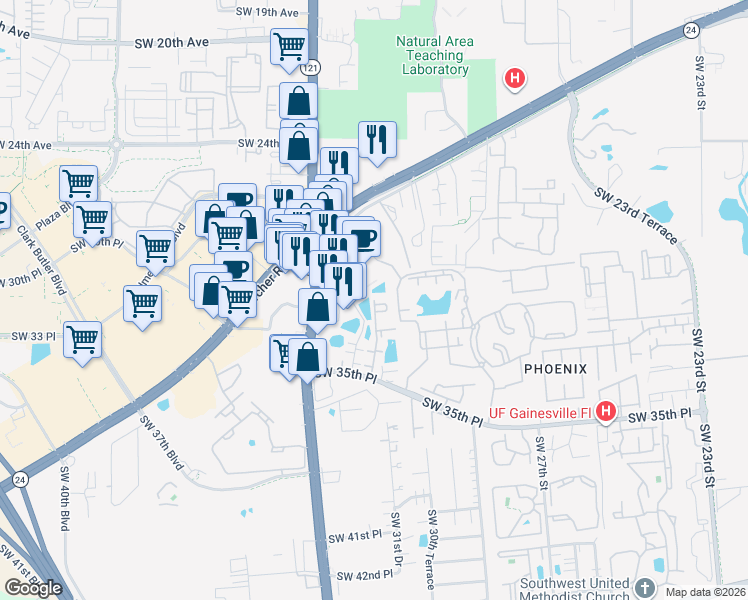 map of restaurants, bars, coffee shops, grocery stores, and more near 3301 Southwest 32nd Terrace in Gainesville