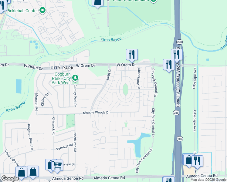 map of restaurants, bars, coffee shops, grocery stores, and more near 11813-11815 Princess Garden Lane in Houston