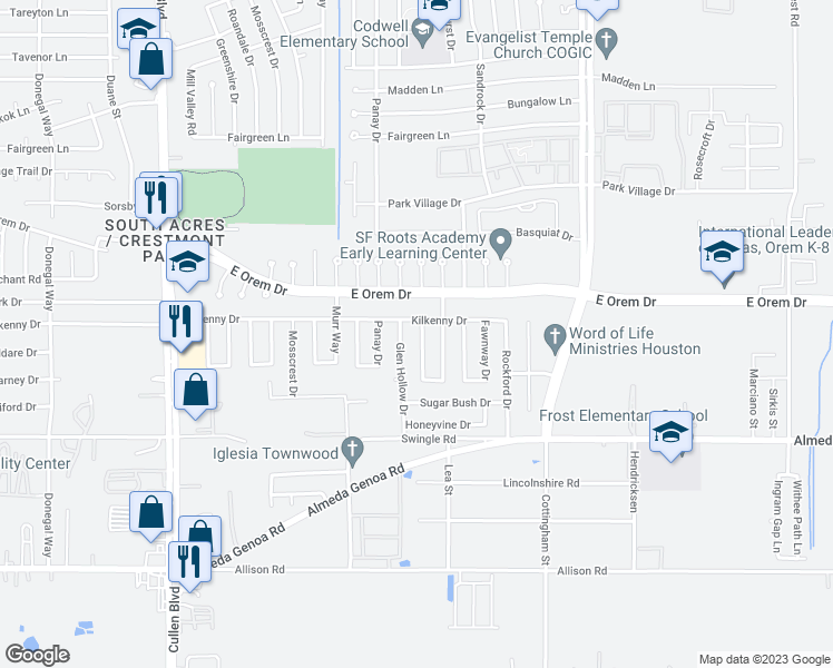 map of restaurants, bars, coffee shops, grocery stores, and more near 12710 Redfern Drive in Houston