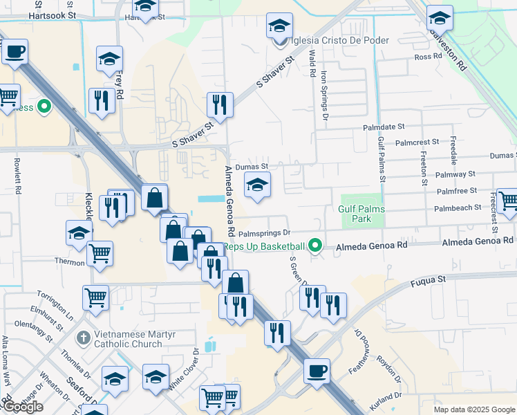 map of restaurants, bars, coffee shops, grocery stores, and more near 10929 Almeda Genoa Rd in Houston