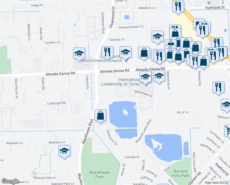 map of restaurants, bars, coffee shops, grocery stores, and more near 9775 Windwater Drive in Houston