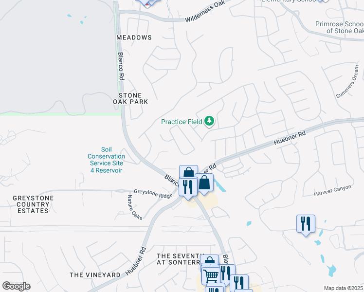 map of restaurants, bars, coffee shops, grocery stores, and more near 1331 Stetson Green in San Antonio