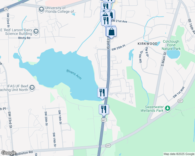 map of restaurants, bars, coffee shops, grocery stores, and more near 2800 Southwest 14th Drive in Gainesville