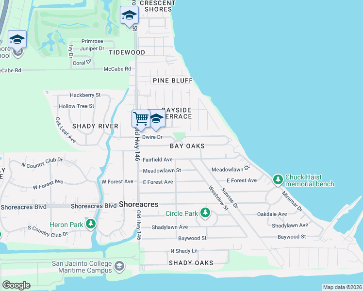 map of restaurants, bars, coffee shops, grocery stores, and more near 242 Bay Oaks Drive in La Porte