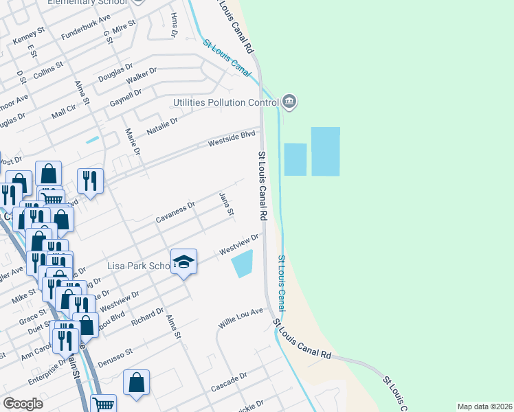 map of restaurants, bars, coffee shops, grocery stores, and more near 1927 Saint Louis Canal Road in Houma