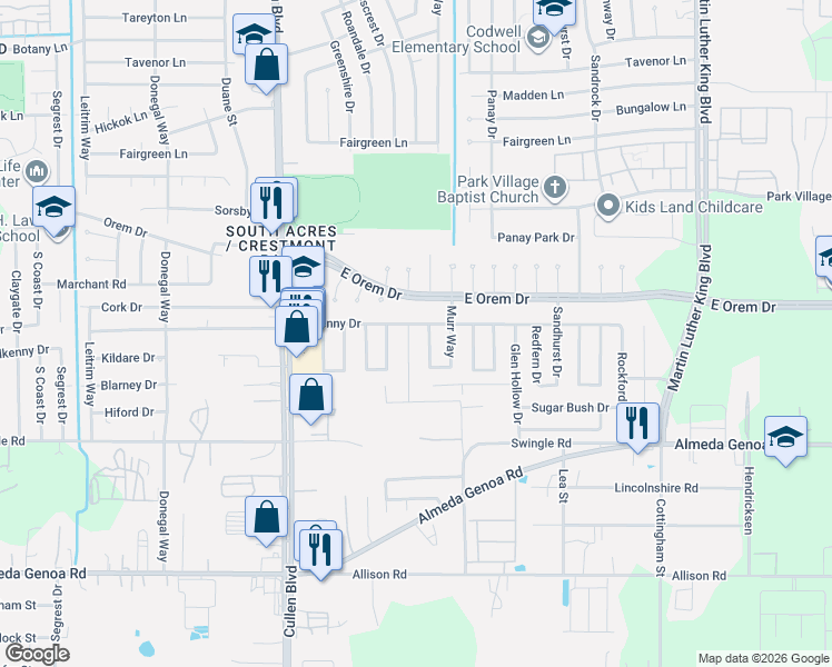 map of restaurants, bars, coffee shops, grocery stores, and more near 4939 Kilkenny Drive in Houston