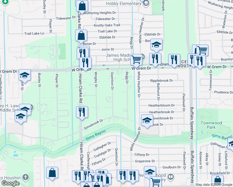 map of restaurants, bars, coffee shops, grocery stores, and more near 13920 Regg Drive in Houston