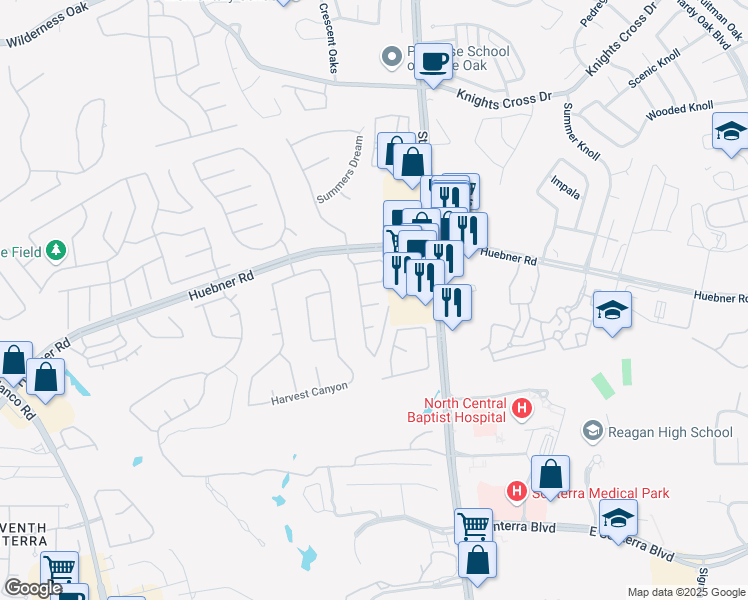 map of restaurants, bars, coffee shops, grocery stores, and more near 906 Grassy Meadows in San Antonio
