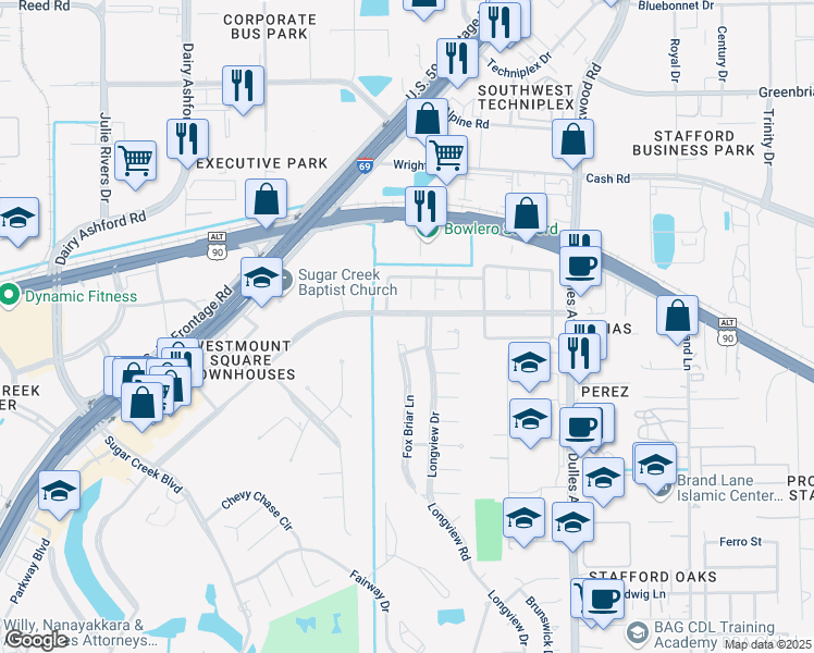 map of restaurants, bars, coffee shops, grocery stores, and more near 3150 Country Club Boulevard in Stafford