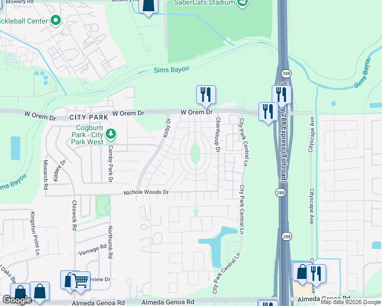 map of restaurants, bars, coffee shops, grocery stores, and more near 13307 City Park Drive in Houston