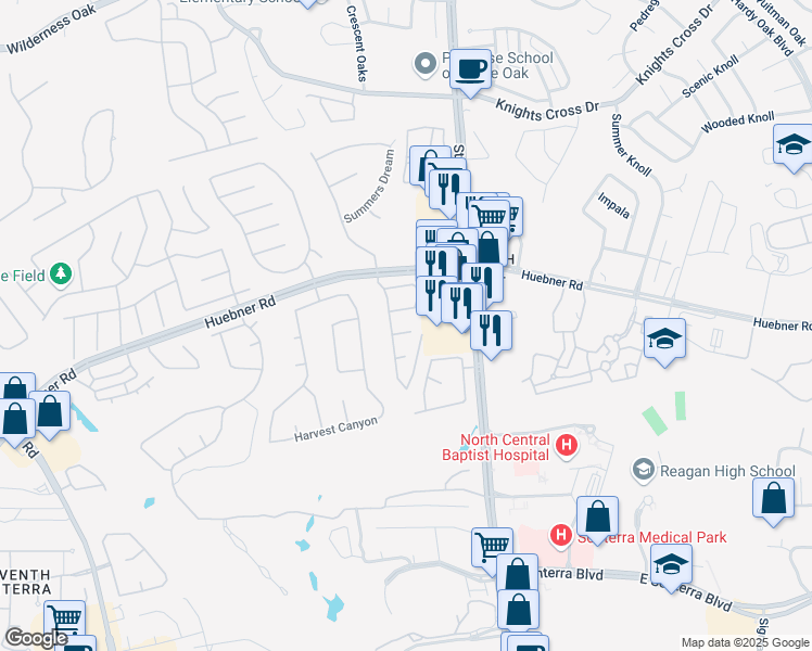 map of restaurants, bars, coffee shops, grocery stores, and more near 906 Grassy Meadows in San Antonio