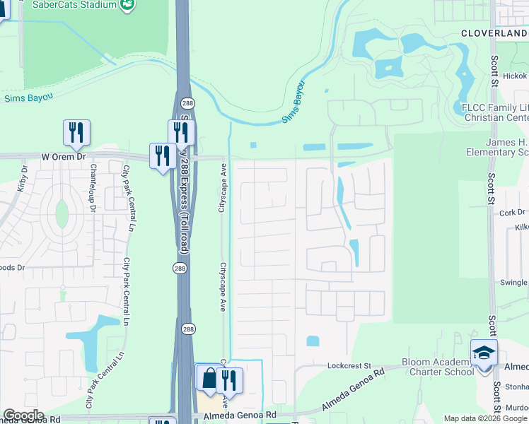 map of restaurants, bars, coffee shops, grocery stores, and more near 2622 Skyview Moon Drive in Houston
