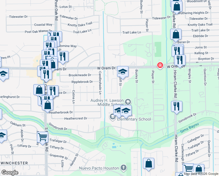 map of restaurants, bars, coffee shops, grocery stores, and more near 13906 Leabrandon Lane in Houston