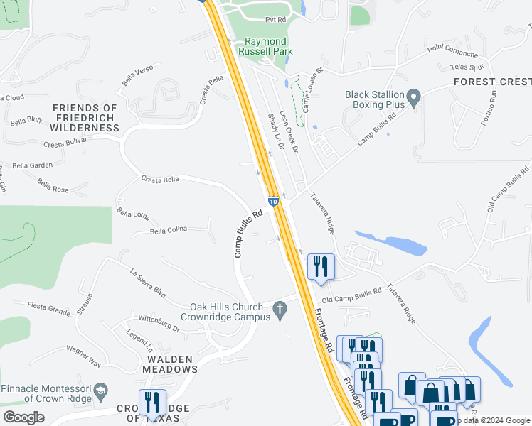 map of restaurants, bars, coffee shops, grocery stores, and more near 6522 Camp Bullis Road in San Antonio