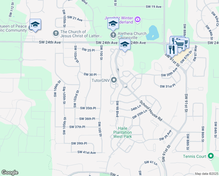 map of restaurants, bars, coffee shops, grocery stores, and more near 9847 Southwest 31 Road in Gainesville