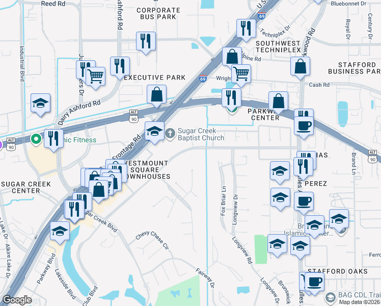 map of restaurants, bars, coffee shops, grocery stores, and more near 3110 Country Club Boulevard in Sugar Land
