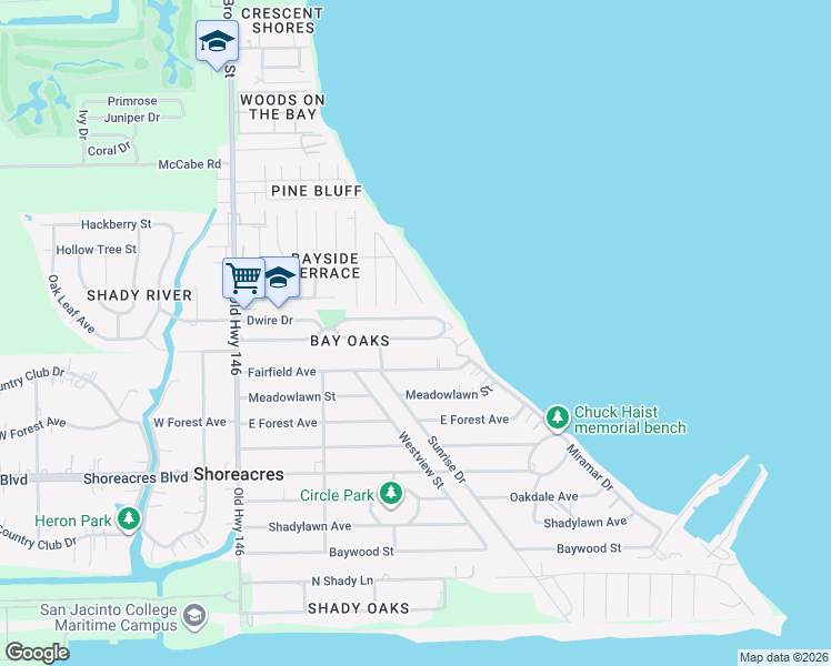 map of restaurants, bars, coffee shops, grocery stores, and more near 122 Bay Oaks Drive in La Porte