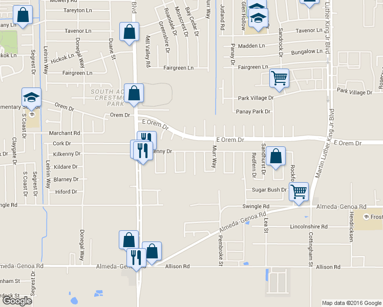 map of restaurants, bars, coffee shops, grocery stores, and more near 12702 Mosscrest Drive in Houston