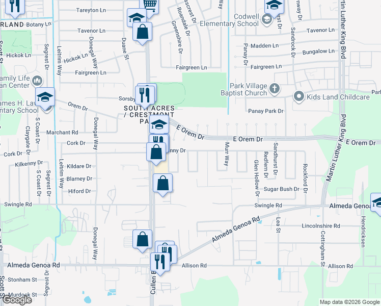 map of restaurants, bars, coffee shops, grocery stores, and more near 12703 Greenshire Drive in Houston