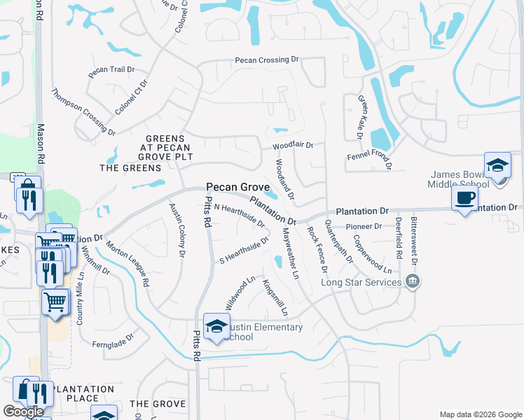 map of restaurants, bars, coffee shops, grocery stores, and more near 1515 Plantation Drive in Richmond