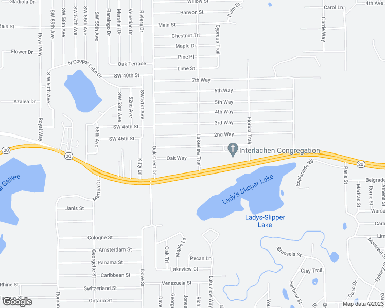 map of restaurants, bars, coffee shops, grocery stores, and more near 102 Oak Way in Interlachen