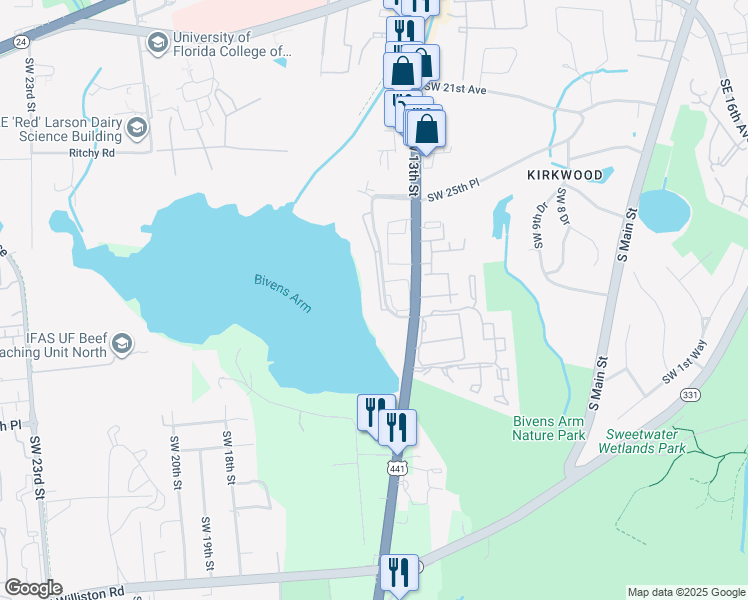 map of restaurants, bars, coffee shops, grocery stores, and more near 2800 Southwest 14th Drive in Gainesville