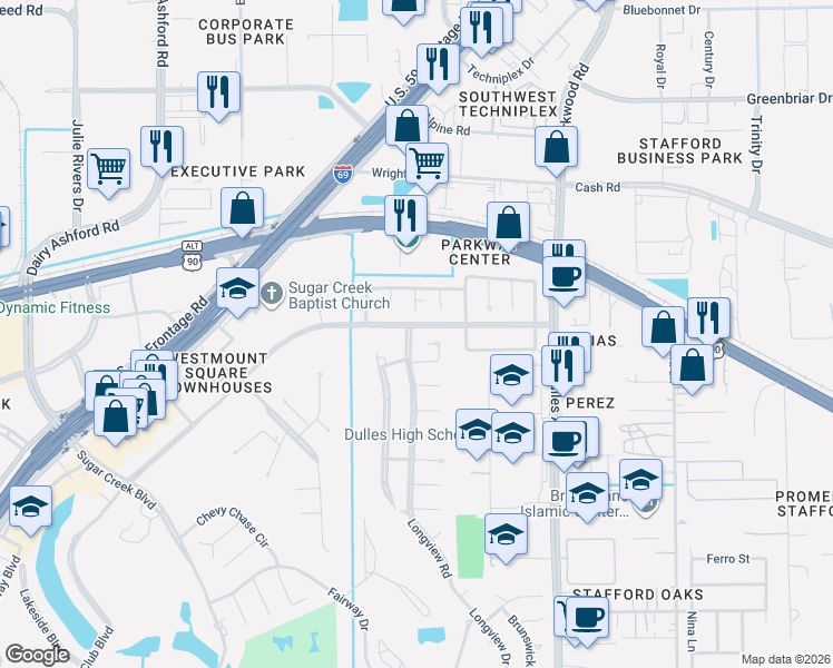 map of restaurants, bars, coffee shops, grocery stores, and more near 3214 Country Club Boulevard in Stafford