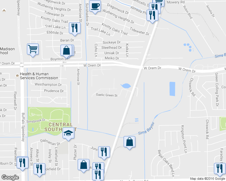 map of restaurants, bars, coffee shops, grocery stores, and more near 2723 Halcyon Time Trail in Houston