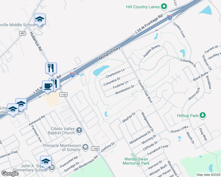 map of restaurants, bars, coffee shops, grocery stores, and more near 3401 Foxbriar Lane in Schertz