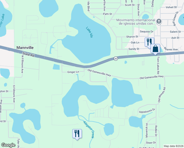 map of restaurants, bars, coffee shops, grocery stores, and more near 104 Twin Lake Grove Drive in Interlachen