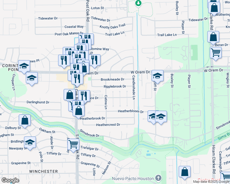 map of restaurants, bars, coffee shops, grocery stores, and more near 13902 Santa Teresa Road in Houston