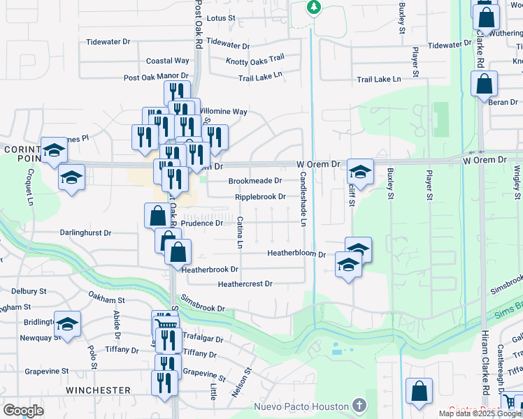 map of restaurants, bars, coffee shops, grocery stores, and more near 13902 Santa Teresa Road in Houston