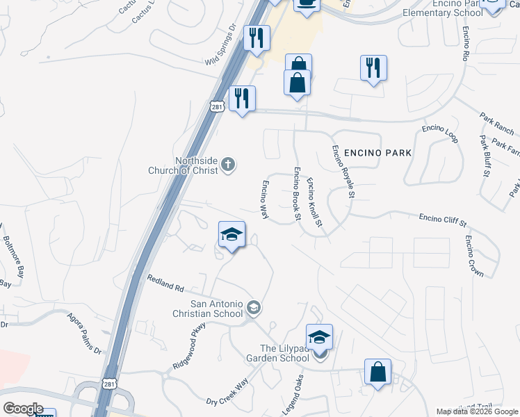 map of restaurants, bars, coffee shops, grocery stores, and more near 19702 Encino Way in San Antonio